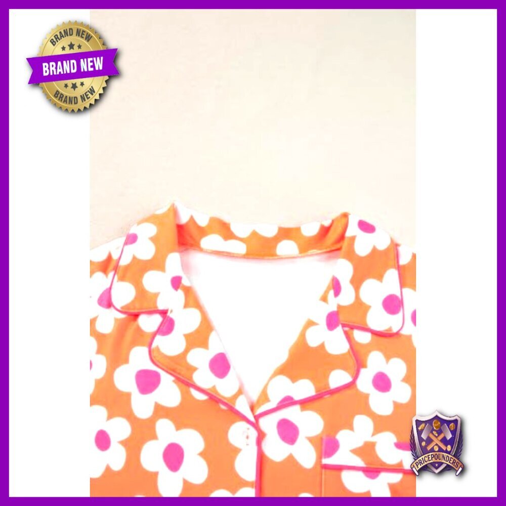 Floral Pajama Set with Notch Collar Drawstring Shorts Summer Sleepwear - Picture 3 of 7